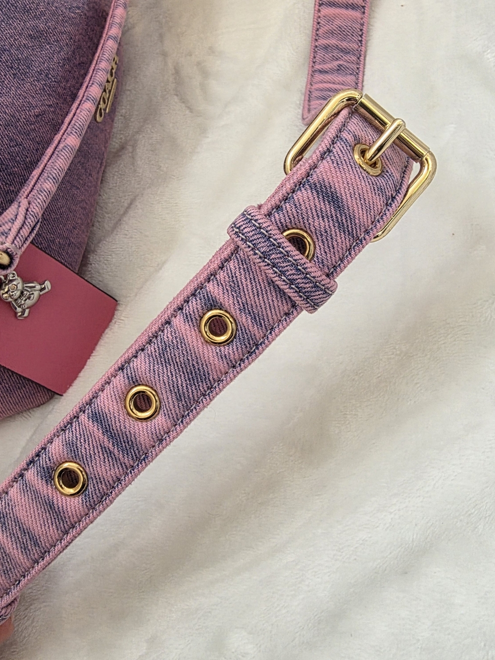 Custom Hand-Dyed Pink Coach Laurel Shoulder Bag | Reworked Denim with Charms - Picture 12 of 15